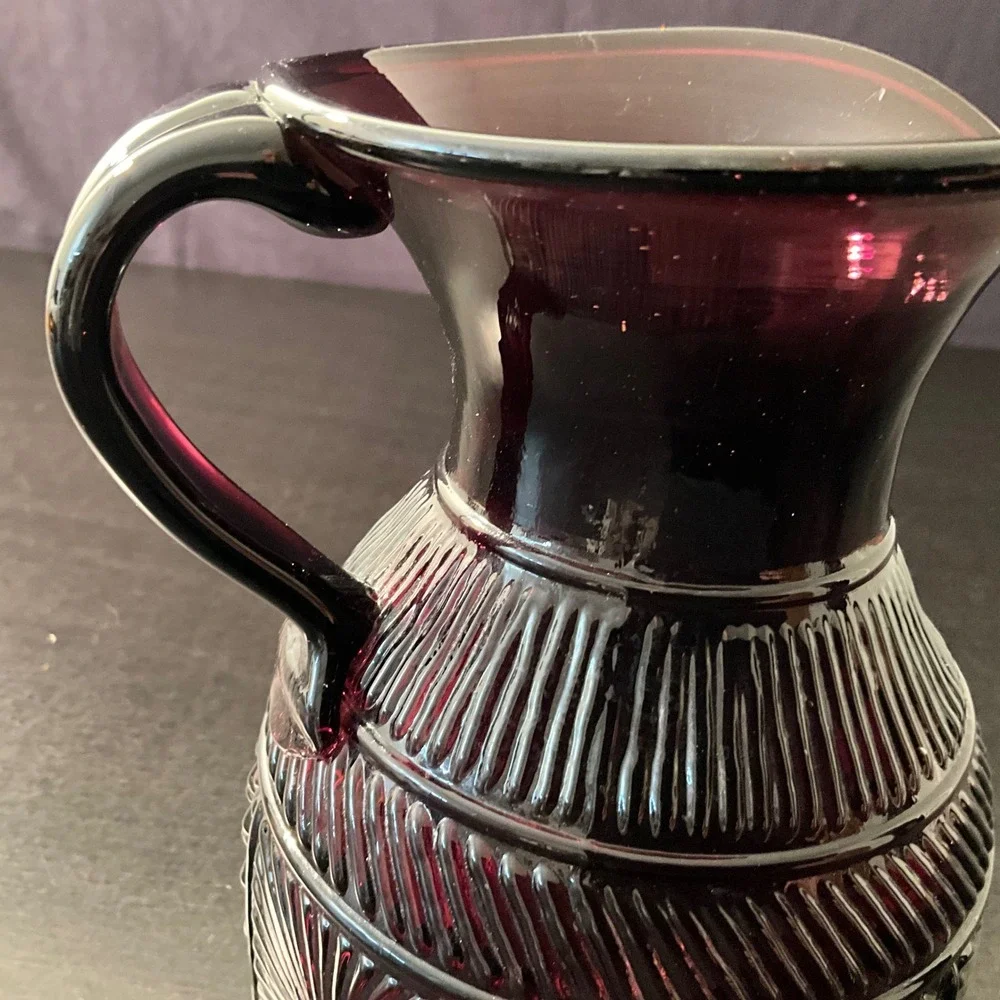 Vintage Clevenger 3 Mold Blown Glass Amethyst Glass Pitcher‎ Embossed Design